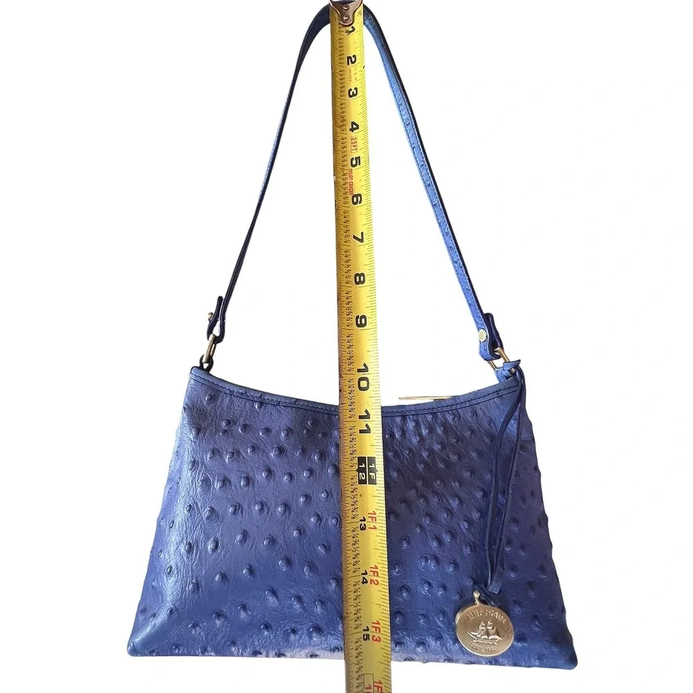 Brahmin Periwinkle Blue Ostrich Embossed Leather Small Shoulder Bag Gold Logo‎